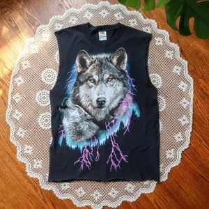 Unisex Distressed Muscle T-Shirt Size M Black Wolf